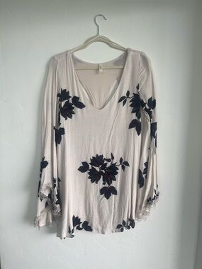 Free People Cream V-Neck Long Sleeve Mini Dress with Dark Floral Motif